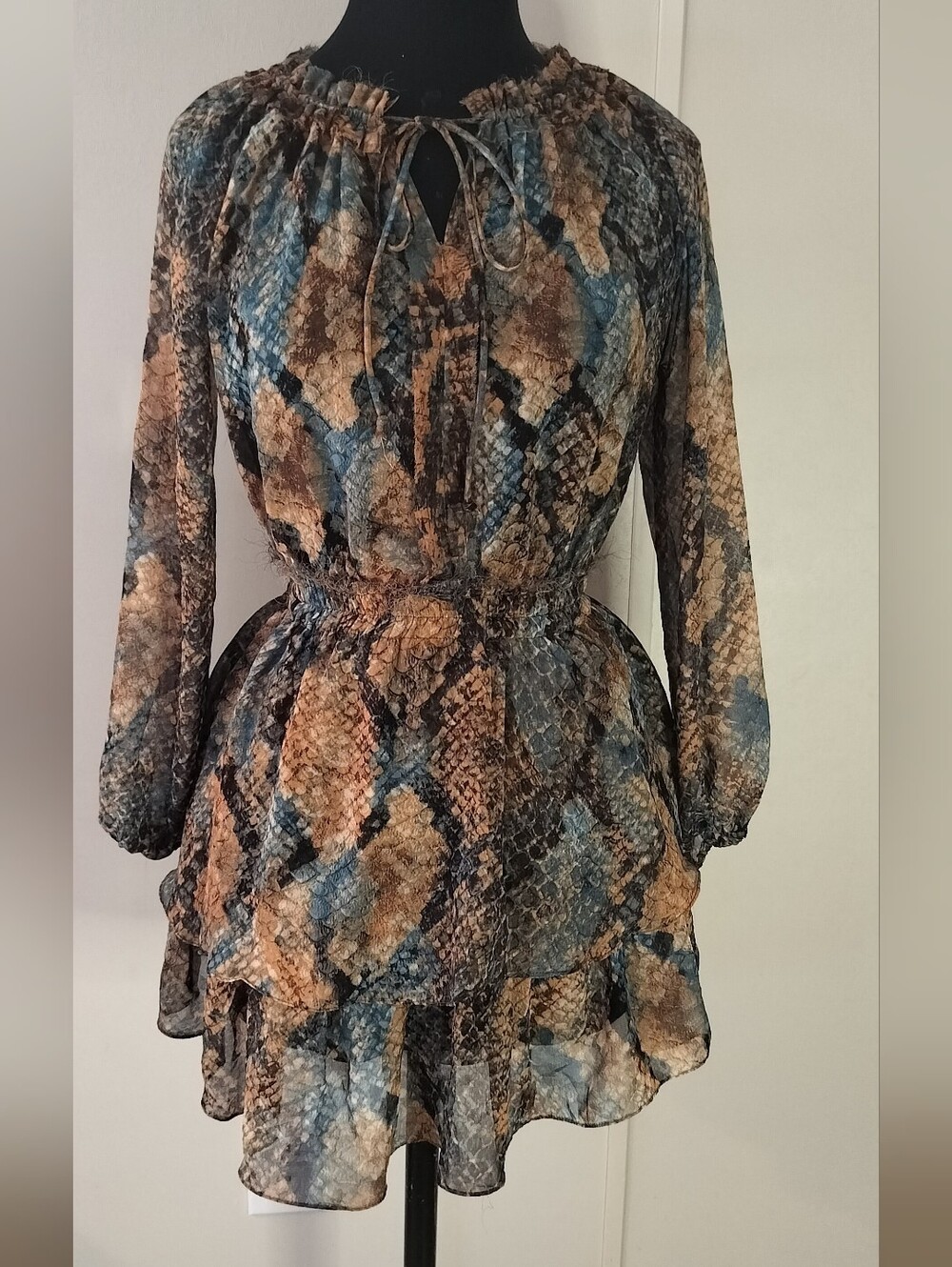 Olivaceous Blue and Brown Snakeskin Ruffle-Tiered Tie-Neck Mini Dress